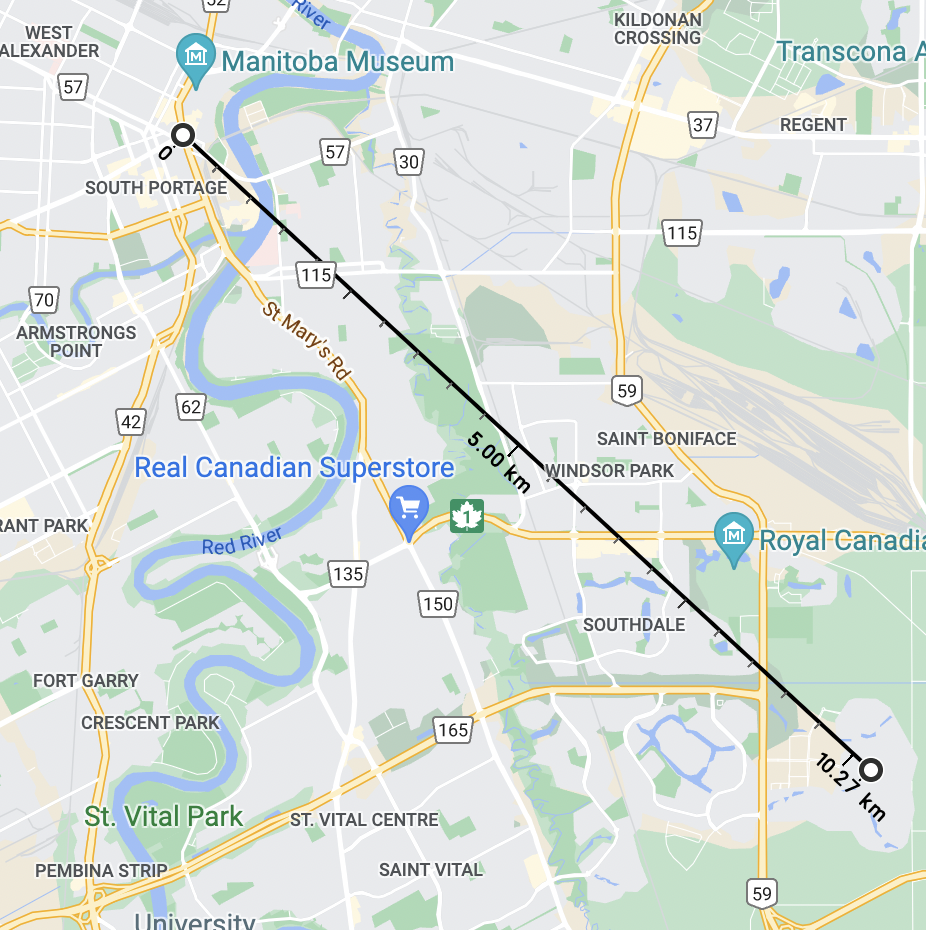 A screenshot of a google map of Winnipeg showing a ruler measuring the distance between Portage & Main and Sage Creek