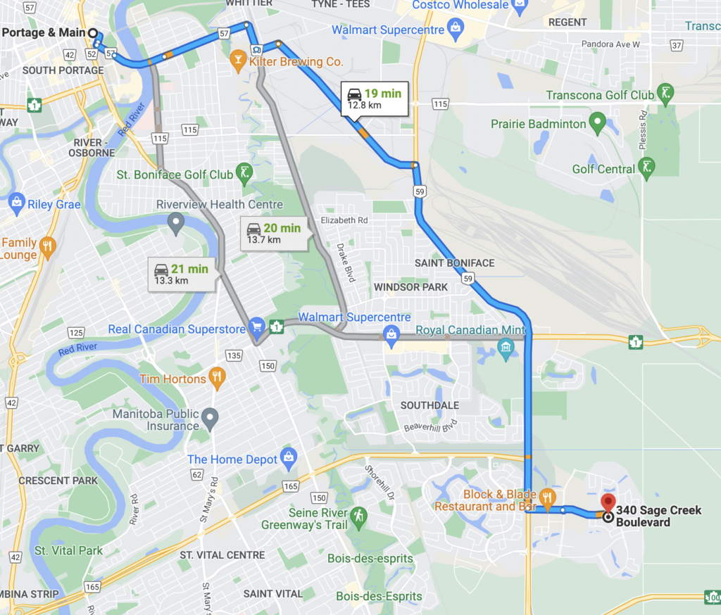 A screenshot of a Google Map showing driving directions from Sage Creek to Portage & Main, in Winnipeg, Manitoba