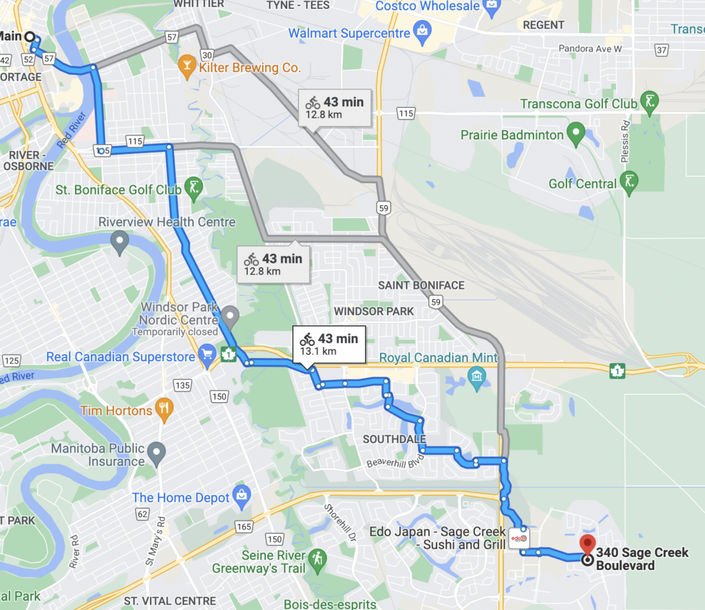 A screenshot of a Google Map showing cycling directions from Sage Creek to Portage & Main, in Winnipeg, Manitoba