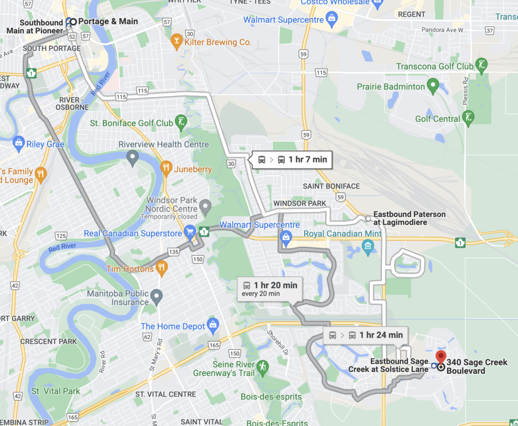 A screenshot of a Google Map showing bus directions from Sage Creek to Portage & Main, in Winnipeg, Manitoba