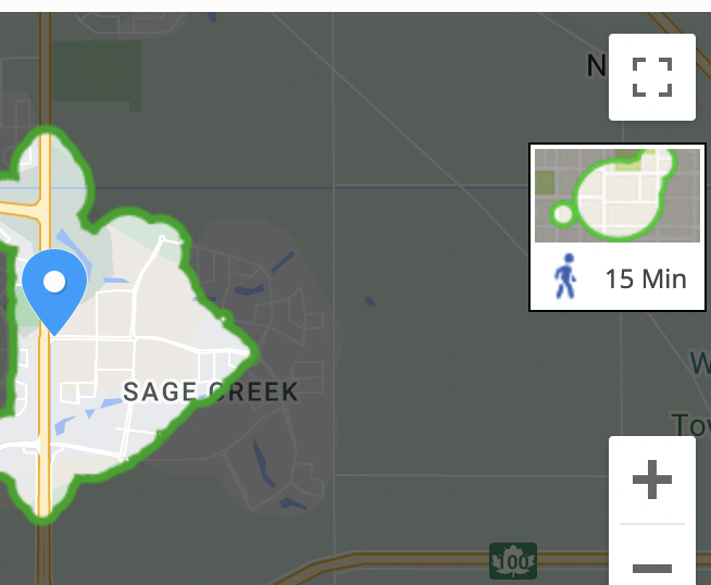 A screenshot of walkscore.com highlighting the area within Sage Creek that can reach the Tim Hortons within a 15 minute walk.
