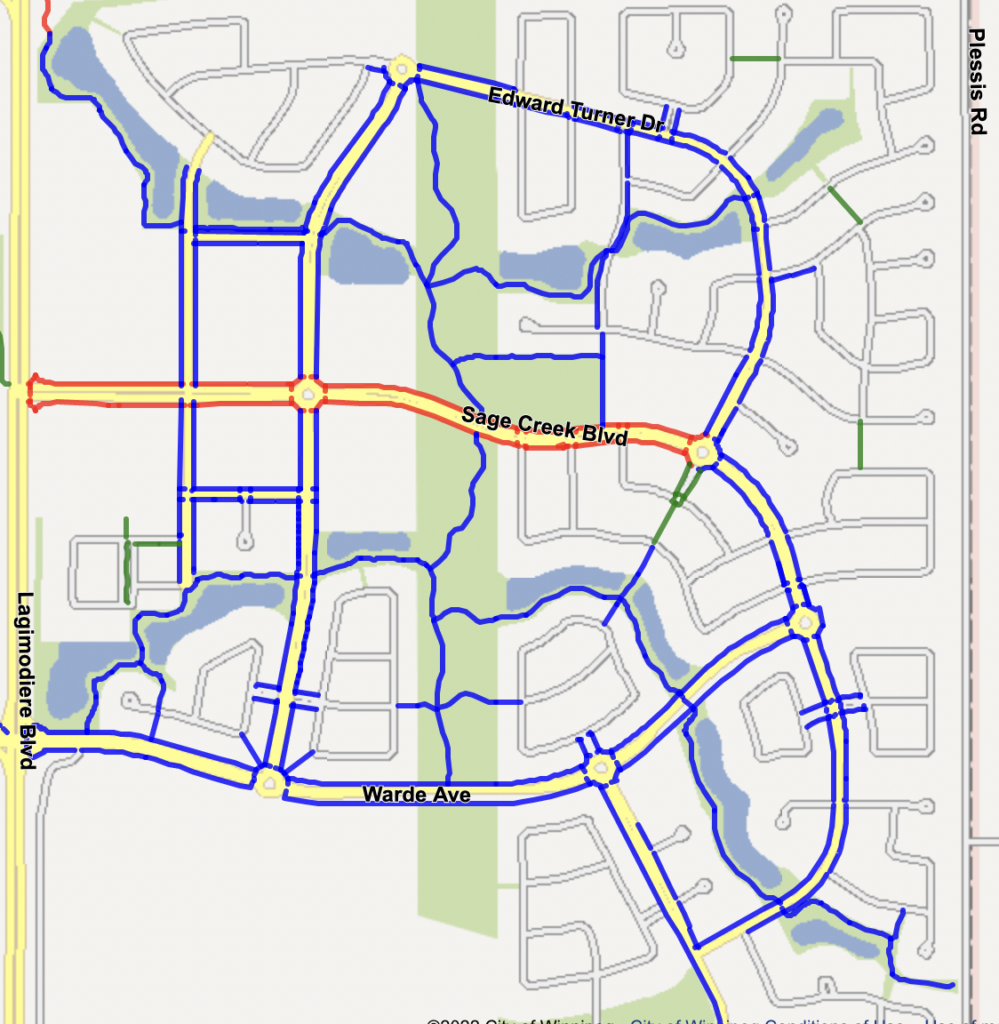 A screenshot of the City of Winnipeg's sidewalk snow clearing priority map for Sage Creek.