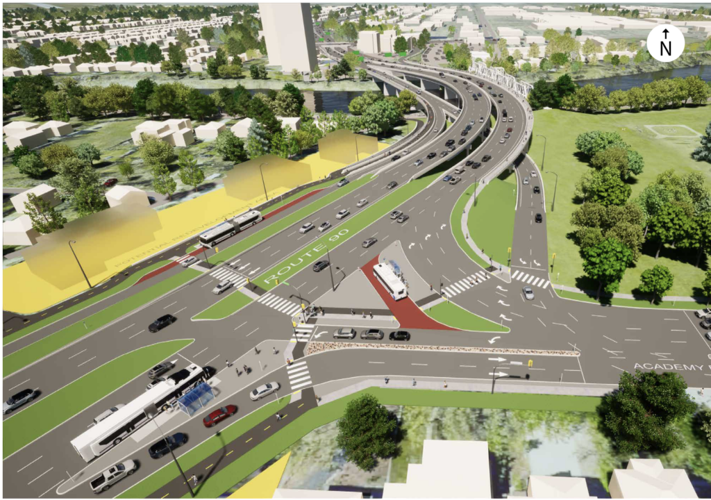 A computer rendering showing the proposed intersection at academy and route 90.