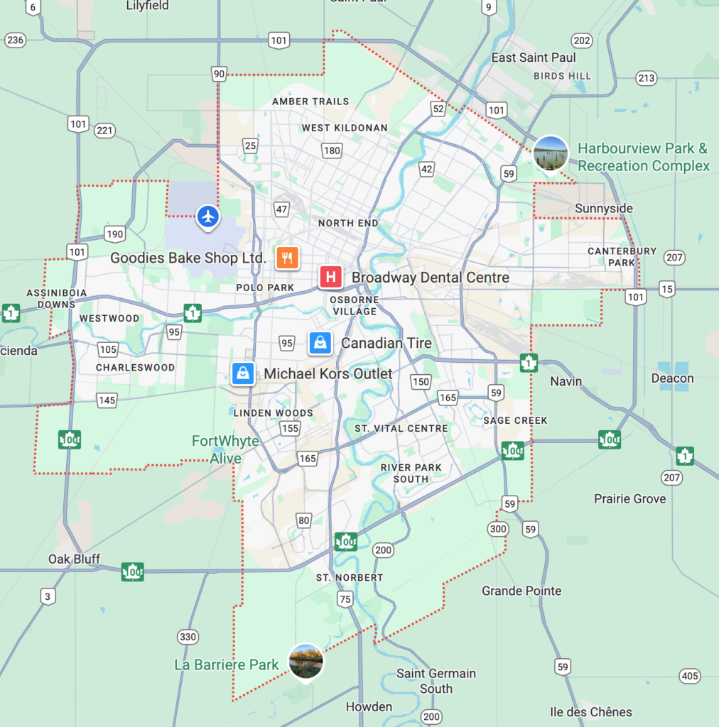 A Google Maps screenshot showing Winnipeg's city limits.